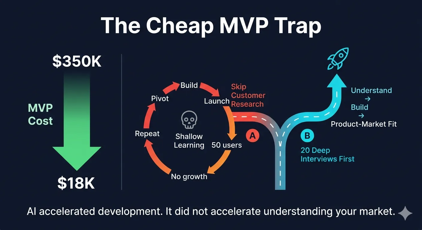 Диаграмма, показывающая, как снижение стоимости MVP коррелирует с более поверхностным пониманием рынка, когда пропускается этап изучения клиентов
