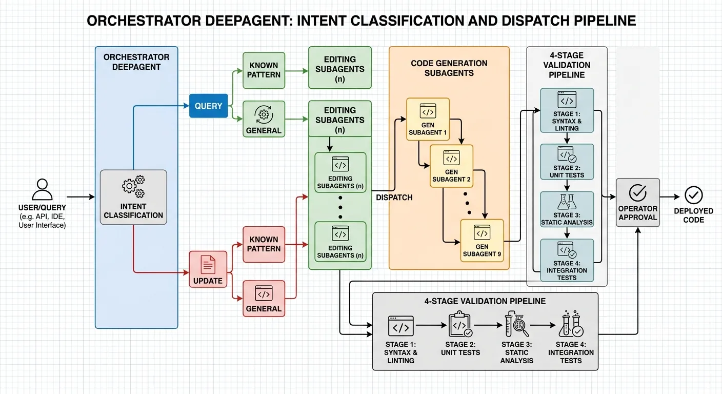 Architecture diagram showing the orchestrator deepagent routing intent classification (query vs update, known pattern vs general) to editing subagents, which dispatch to 9 code generation subagents in cascade order, followed by a 4-stage validation pipeline before operator approval