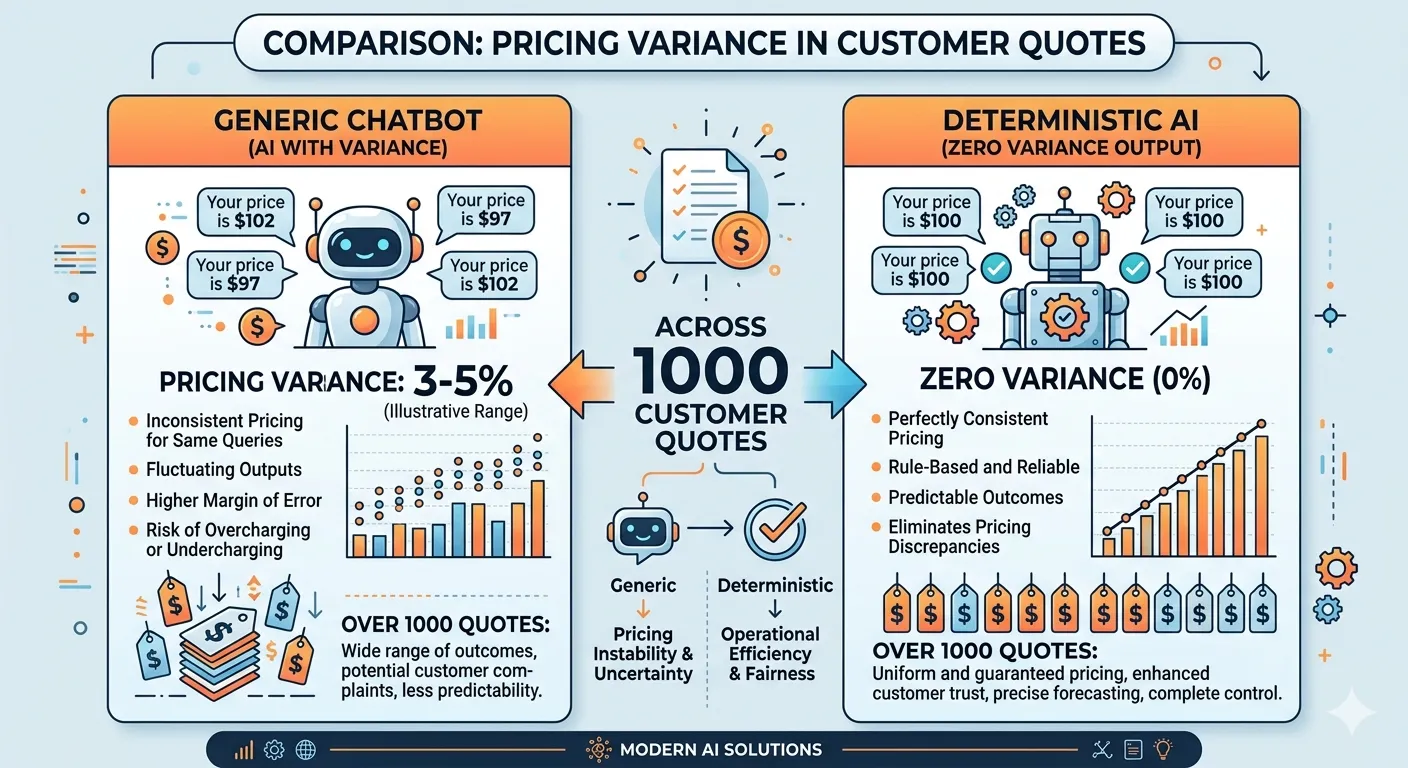 Infographic comparing generic chatbot pricing variance (3-5%) with deterministic AI zero-variance output across 1000 customer quotes