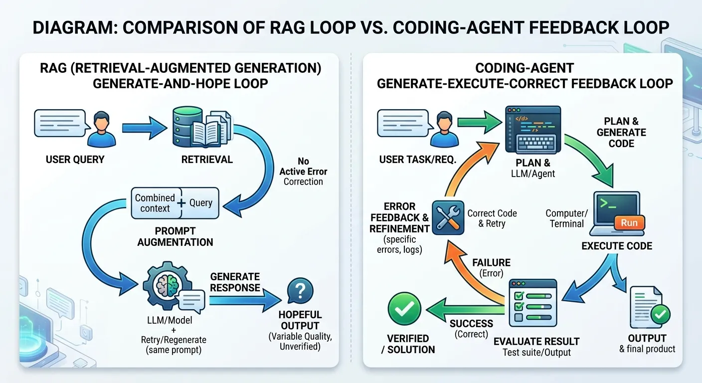 Diagram comparing the RAG generate-and-hope loop against the coding-agent generate-execute-correct feedback loop